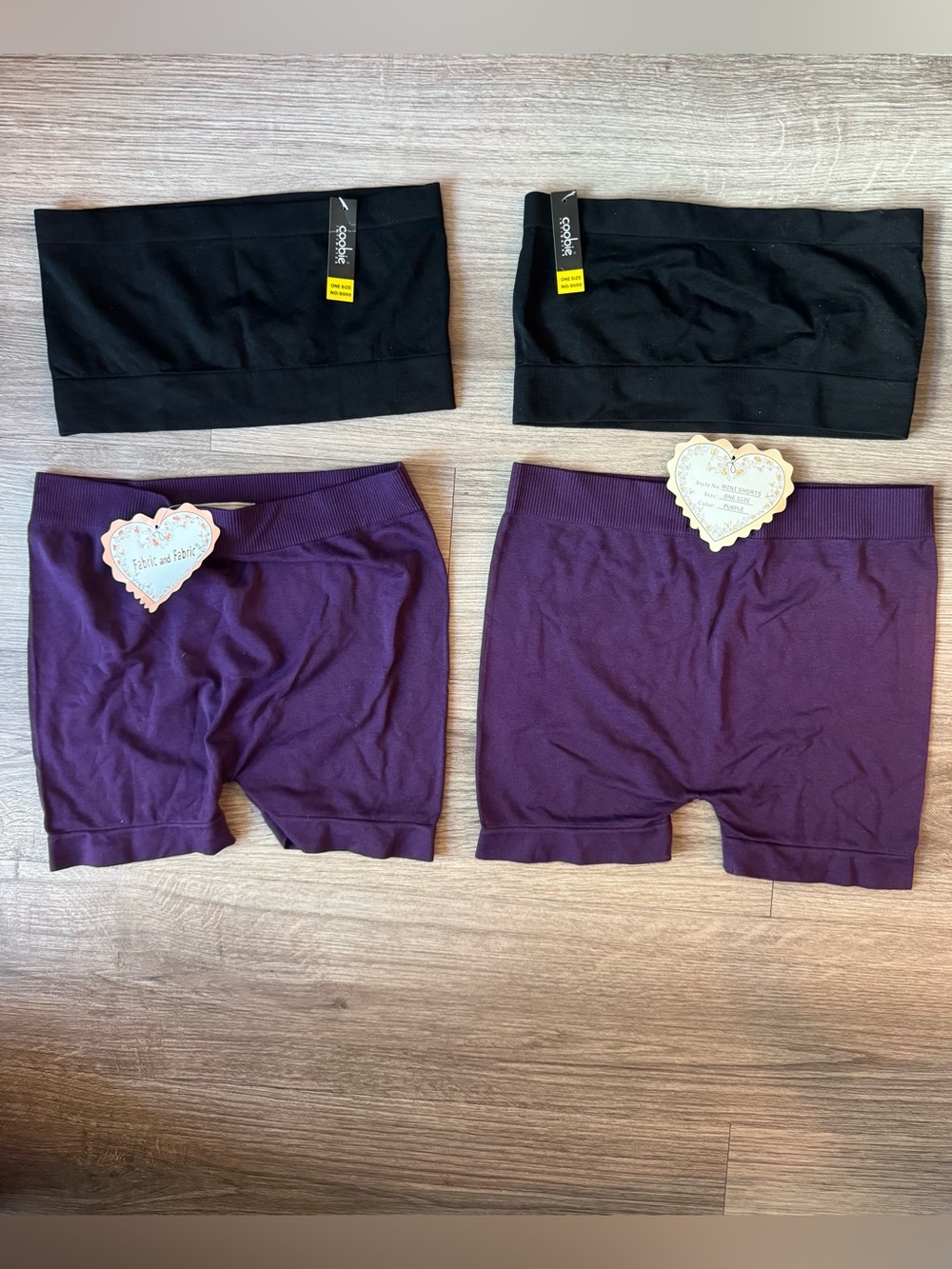 LOT OF 4 NWT Coobie Bandeau Bras & Fabric and Fabric Shorts Set Black Purple OS